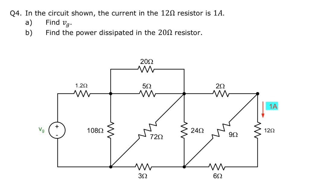 Q4. In the circuit shown, the current in the 12? resistor is 1A.
a) Find vg.
b) Find the power dissipated in the 20? resistor.