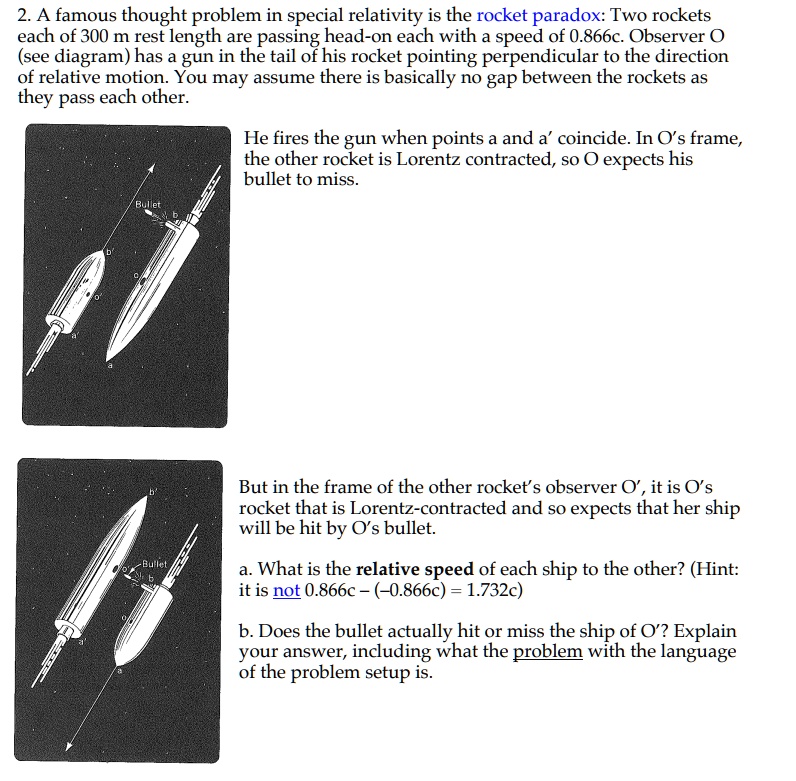 2. A famous thought problem in special relativity is the rocket paradox: Two rockets each of 300 m rest length are passing head-on each with a speed of 0.866c. Observer O (see diagram) has a gun in the tail of his rocket pointing perpendicular to the direction of relative motion. You may assume there is basically no gap between the rockets as they pass each other.
He fires the gun when points a and a' coincide. In O's frame, the other rocket is Lorentz contracted, so O expects his bullet to miss.
But in the frame of the other rocket's observer O', it is O's rocket that is Lorentz-contracted and so expects that her ship will be hit by O's bullet.
a. What is the relative speed of each ship to the other? (Hint: it is not 0.866c-(-0.866c) = 1.732c)
b. Does the bullet actually hit or miss the ship of O'? Explain your answer, including what the problem with the language of the problem setup is.