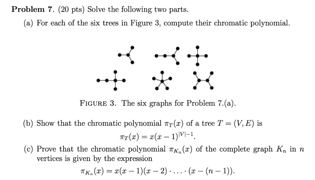 Problem 7. (20 pts) Solve the following two parts.
(a) For each of the six trees in Figure 3, compute their chromatic polynomial.
FIGURE 3. The six graphs for Problem 7.(a).
(b) Show that the chromatic polynomial piT(x) of a tree T = (V, E) is
piT(x) = x(x - 1)^|V|-1.
(c) Prove that the chromatic polynomial piKn(x) of the complete graph Kn in n
vertices is given by the expression
piKn(x) = x(x - 1)(x - 2)dots(x - (n - 1)).