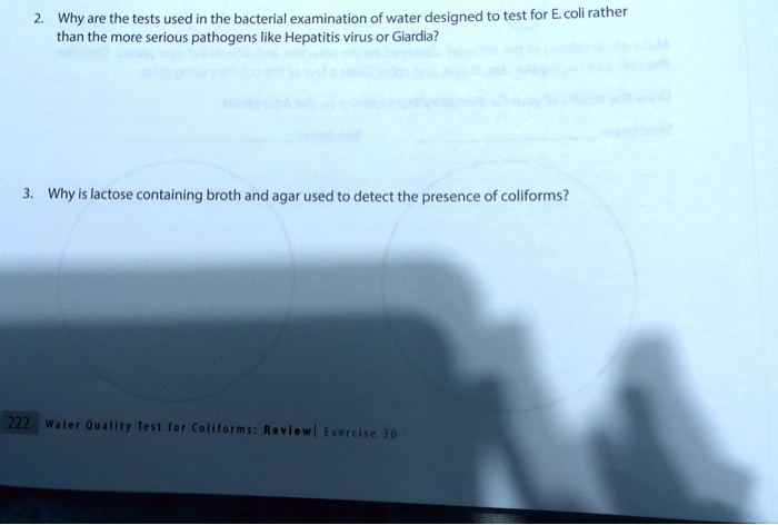 2. Why are the tests used in the bacterial examination of water designed to test for E. coli rather than the more serious pathogens like Hepatitis virus or Giardia?

3. Why is lactose containing broth and agar used to detect the presence of coliforms?