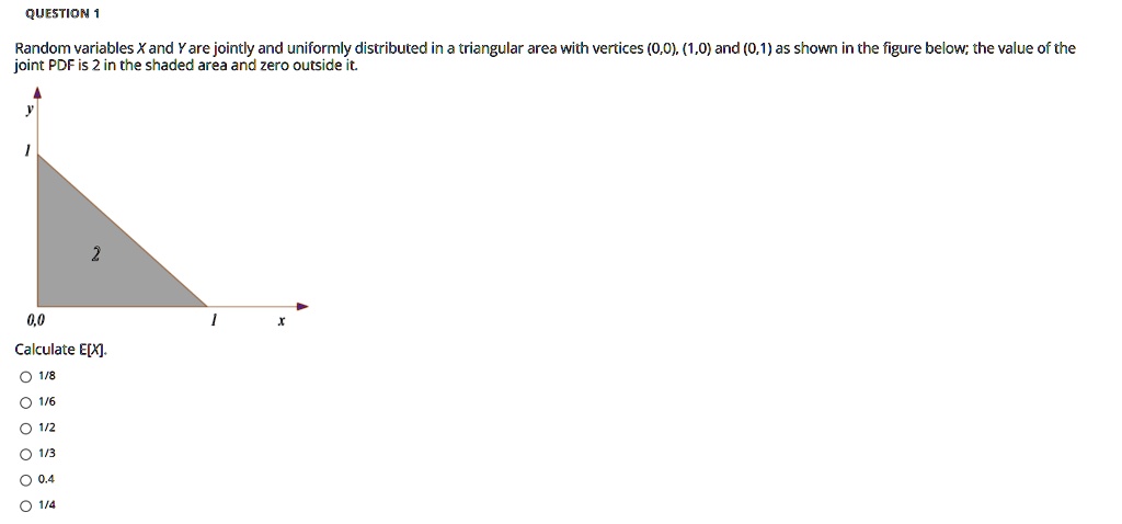 Random variables X and Y are jointly and uniformly distributed in a triangular area with vertices (0,0), (1,0) and (0,1) as shown in the figure below; the value of the joint PDF is 2 in the shaded area and zero outside it.
Calculate E[X].
1/8
1/6
1/2
1/3
0.4
1/4