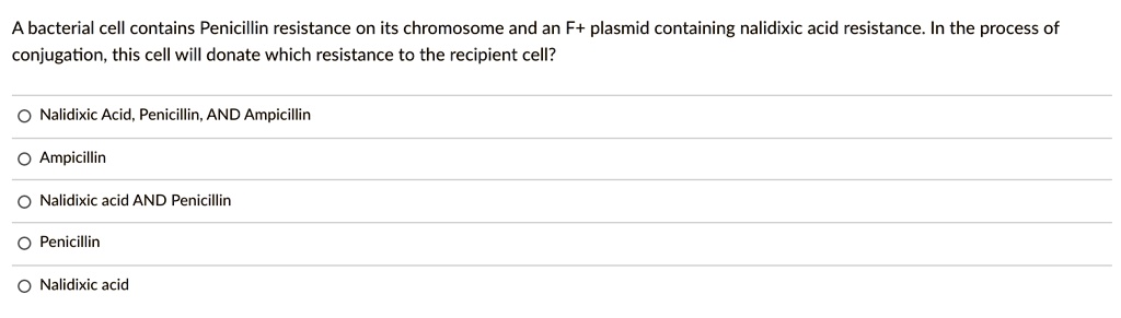 A bacterial cell contains Penicillin resistance on its chromosome and an F+ plasmid containing nalidixic acid resistance. In the process of conjugation, this cell will donate which resistance to the recipient cell?
Nalidixic Acid, Penicillin, AND Ampicillin
Ampicillin
Nalidixic acid AND Penicillin
Penicillin
Nalidixic acid