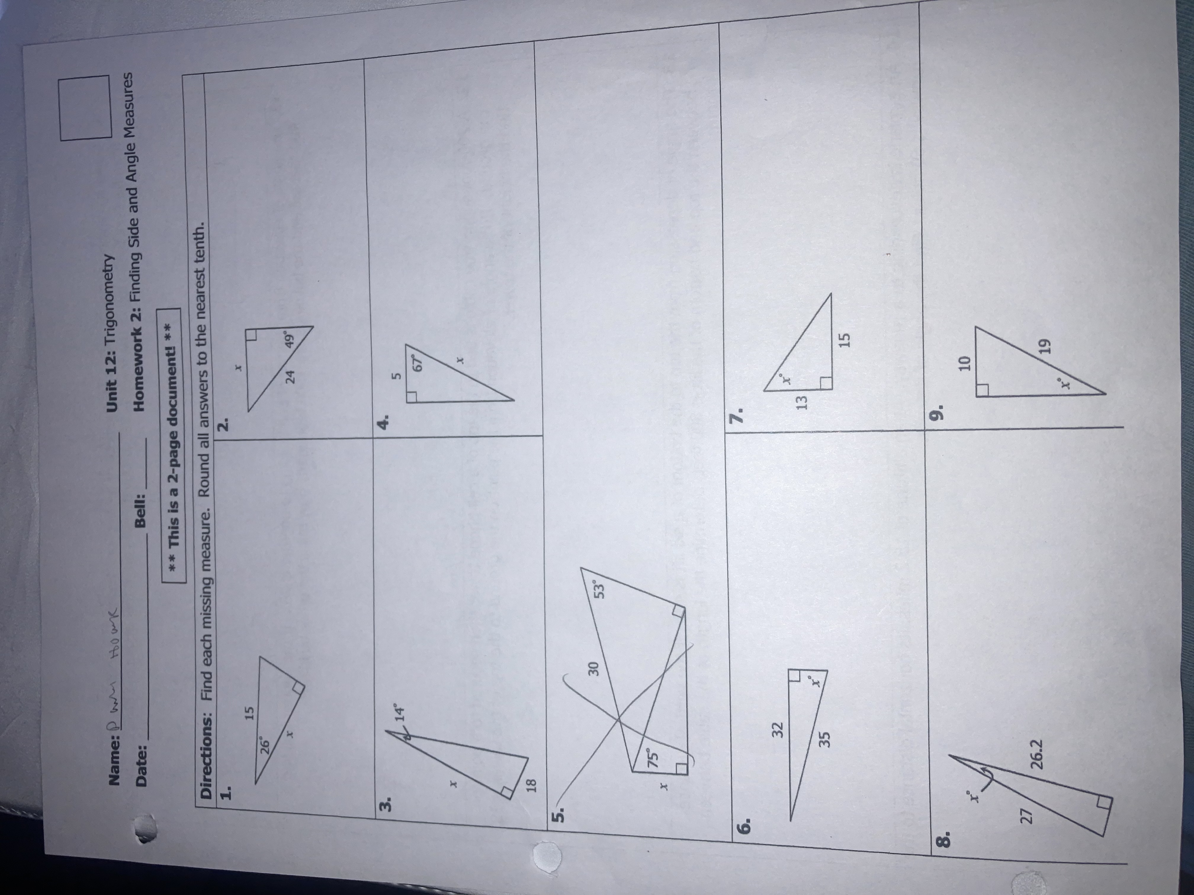 unit 12 trigonometry homework 2 finding side and angle measures