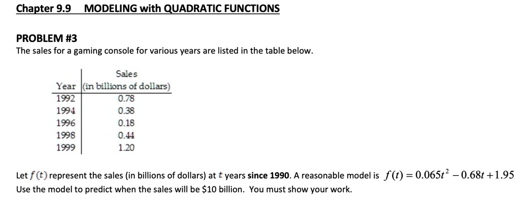 Chapter 9.9 MODELING with QUADRATIC FUNCTIONS

PROBLEM #3
The sales for a gaming console for various years are listed in the table below.

Sales
Year | (in billions of dollars)
1992 | 0.78
1994 | 0.38
1996 | 0.18
1998 | 0.44
1999 | 1.20

Let f(t) represent the sales (in billions of dollars) at t years since 1990. A reasonable model is f(t) = 0.065t^2 - 0.68t + 1.95
Use the model to predict when the sales will be 10 billion. You must show your work.