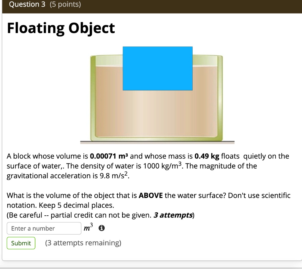 SOLVEDQuestion 3 (5 points) Floating Object A block whose volume is 0.
