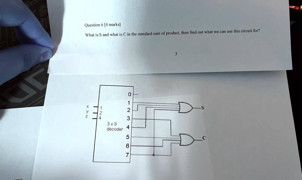 question 6 4 marks what is s and what is c in the standard sum of product then find out what we can use this circuit for x y z 1 2 4 3 x 8 decoder 0 1 2 3 4 5 6 7 s c 98861
