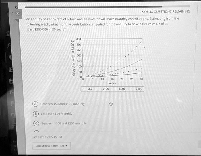 An annuity has a 5 rate of return and an investor will make monthly