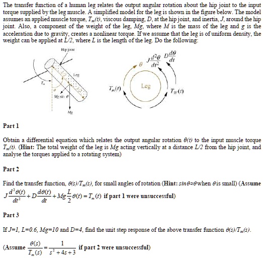 SOLVED: The Transfer Function Of A Human Leg Relates The Output Angular ...