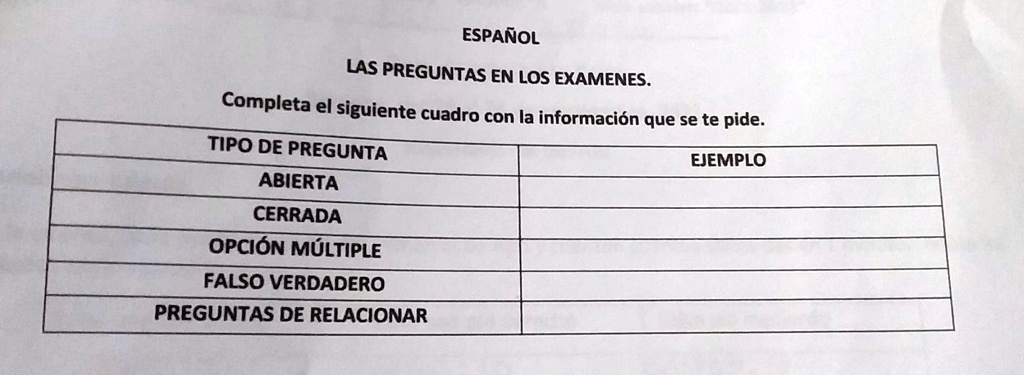 SOLVED: ESPAÑOL LAS PREGUNTAS EN LOS EXAMENES. Completa el siguiente