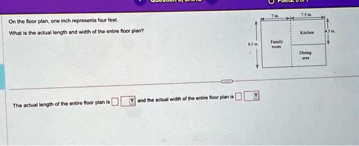 On the floor plan, one inch represents four feet.
What is the actual length and width of the entire floor plan?
7 in.
7.5 in.
Kitchen
4.5 in
8.5 in.
Family
room
Dining
area
The actual length of the entire floor plan is
and the actual width of the entire floor plan is