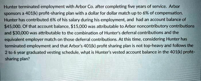 hunter terminated employment with arbor coafter completing five years of service arbor sponsors a 401k profit sharing plan with a dollar for dollar match up to 6 of compensation hunter has c 97222
