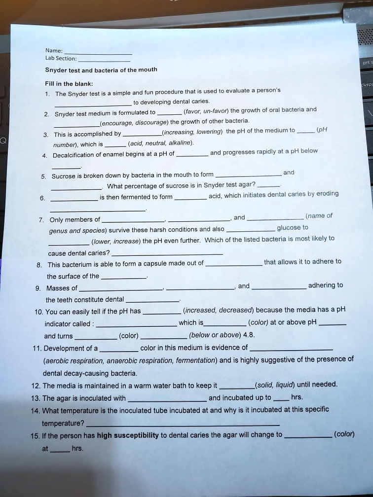 SOLVED Name Lab Section Snyder test and bacteria of the mouth Fill
