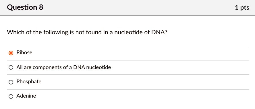 Solved:question 8 1 Pts Which Of The Following Is Not Found In A Nucleotide  Of Dna? Ribose All Are Components Of A Dna Nucleotide Phosphate Adenine Solved:question 8 1 Pts Which Of The Following Is Not Found In A Nucleotide  Of Dna? Ribose All Are Components Of A Dna Nucleotide Phosphate Adenine