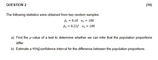 question 2 10 the following statistics were obtained from two random samples hatp1 018 quad n1 100 hatp2 022f quad n1 100 a find the p value of a test to determine whether we can infer t 68631