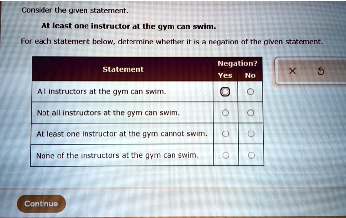 Consider the given statement.

At least one instructor at the gym can swim.

For each statement below, determine whether it is a negation of the given statement.

Statement Negation?
Yes No
All instructors at the gym can swim.
Not all instructors at the gym can swim.
At least one instructor at the gym cannot swim.
None of the instructors at the gym can swim.

Continue