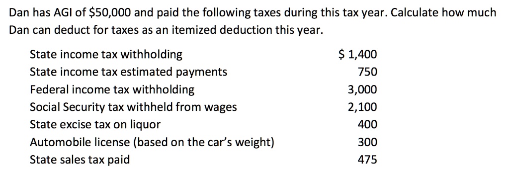 SOLVED: Dan has AGI of 50,000 and paid the following taxes during this ...