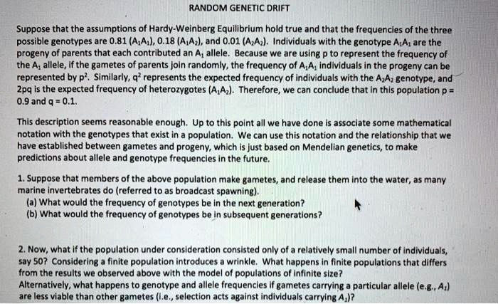 RANDOM GENETIC DRIFT

Suppose that the assumptions of Hardy-Weinberg Equilibrium hold true and that the frequencies of the three possible genotypes are 0.81 (A1A1), 0.18 (A1A2), and 0.01 (A2A2). Individuals with the genotype A1A1 are the progeny of parents that each contributed an A1 allele. Because we are using p to represent the frequency of the A1 allele, if the gametes of parents join randomly, the frequency of A1A1 individuals in the progeny can be represented by p². Similarly, q² represents the expected frequency of individuals with the A2A2 genotype, and 2pq is the expected frequency of heterozygotes (A1A2). Therefore, we can conclude that in this population p = 0.9 and q = 0.1.

This description seems reasonable enough. Up to this point all we have done is associate some mathematical notation with the genotypes that exist in a population. We can use this notation and the relationship that we have established between gametes and progeny, which is just based on Mendelian genetics, to make predictions about allele and genotype frequencies in the future.

1. Suppose that members of the above population make gametes, and release them into the water, as many marine invertebrates do (referred to as broadcast spawning).
(a) What would the frequency of genotypes be in the next generation?
(b) What would the frequency of genotypes be in subsequent generations?

2. Now, what if the population under consideration consisted only of a relatively small number of individuals, say 50? Considering a finite population introduces a wrinkle. What happens in finite populations that differs from the results we observed above with the model of populations of infinite size?
Alternatively, what happens to genotype and allele frequencies if gametes carrying a particular allele (e.g., A1) are less viable than other gametes (i.e., selection acts against individuals carrying A1)?
