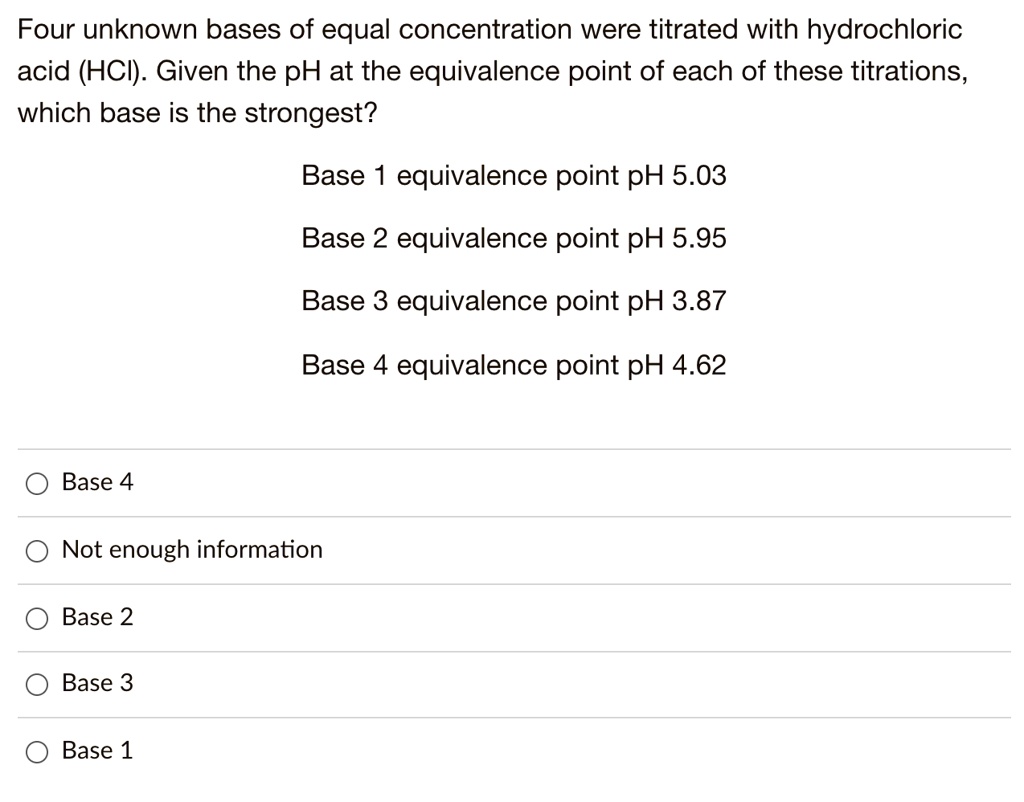 SOLVED Four unknown bases of equal concentration were titrated with