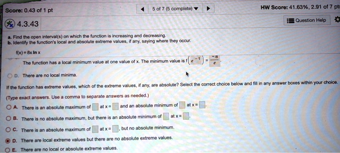 Solved Find the absolute minimum of f on [ -10, 7]. Select