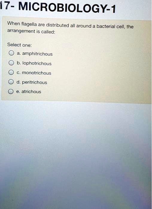 When flagella are distributed all around a bacterial cell, the arrangement is called:
Select one:
a. amphitrichous
b. lophotrichous
c. monotrichous
d. peritrichous
e. atrichous