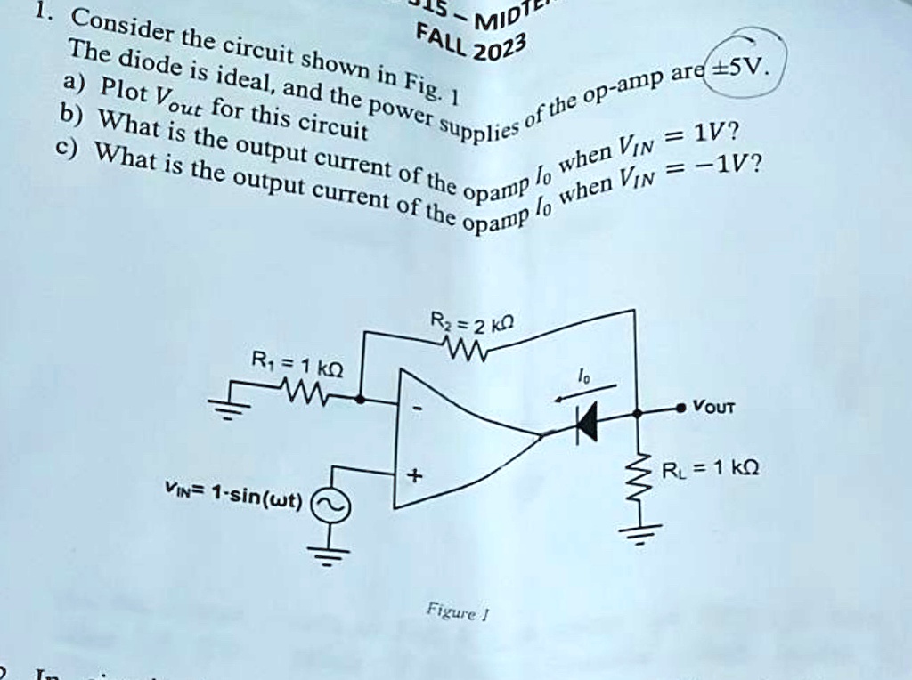 1. Consider the circuit shown in Fig. 1
The diode is ideal, and the power supplies of the op-amp are ±5V.
a) Plot Vout for this circuit
b) What is the output current of the opamp Io when VIN = 1V?
c) What is the output current of the opamp Io when VIN = -1V?
R2 = 2 kΩ
R1 = 1 kΩ
VIN = 1 - sin(ω t)
RL = 1 kΩ