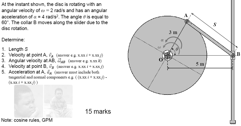 At the instant shown, the disc is rotating with an angular velocity of ...
