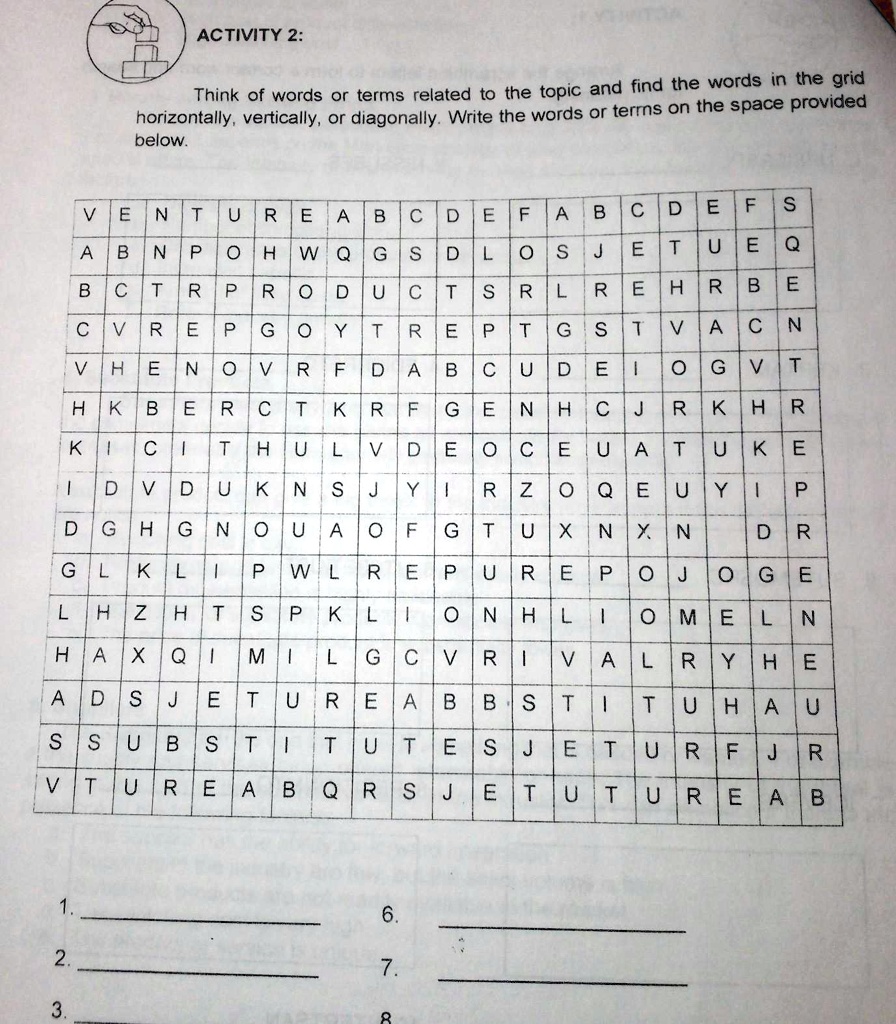 ACTIVITY 2:

Think of words or terms related to the topic and find the words in the grid
horizontally, vertically, or diagonally. Write the words or terms on the space provided
below.

V E N T U R E A B C D E F A B C D E F S
A B N P O H W Q G S D L O S J E T U E Q
B C T R P R O D U C T S R L R E H R B E
C V R E P G O Y T R E P T G S T V A C N
V H E N O V R F D A B C U D E I O G V T
H K B E R C T K R F G E N H C J R K H R
K I C I T H U L V D E O C E U A T U K E
I D V D U K N S J Y I R Z O Q E U Y I P
D G H G N O U A O F G T U X N X N D R
G L K L I P W L R E P U R E P O J O G E
L H Z H T S P K L I O N H L I O M E L N
H A X Q I M I L G C V R I V A L R Y H E
A D S J E T U R E A B B S T I T U H A U
S S U B S T I T U T E S J E T U R F J R
V T U R E A B Q R S J E T U T U R E A B

1. 
2. 
3. 
6. 
7. 
8.