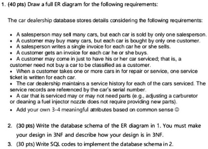 SOLVED: Draw A Full ER Diagram For The Following Requirements: The Car ...