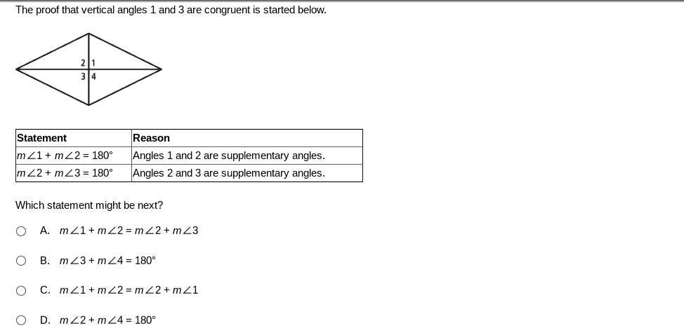 SOLVED: The proof that vertical angles 1 and 3 are congruent is started ...
