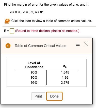 Find the margin of error for the given values of c, ?, and n.
c = 0.90, ? = 3.2, n = 81.
(Round to three decimal places as needed.)

Table of Common Critical Values
Level of Confidence    zc
90%    1.645
95%    1.96
99%    2.575