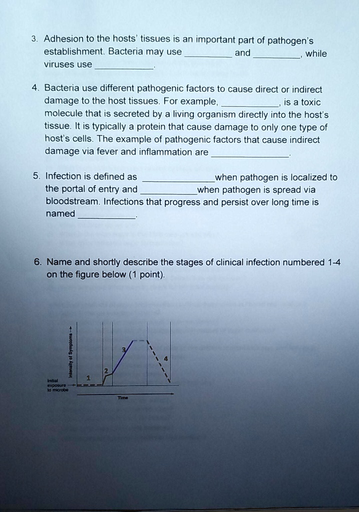 3. Adhesion to the hosts' tissues is an important part of pathogen's establishment. Bacteria may use ????????? and ?????????, while viruses use ?????????.

4. Bacteria use different pathogenic factors to cause direct or indirect damage to the host tissues. For example, ?????????, is a toxic molecule that is secreted by a living organism directly into the host's tissue. It is typically a protein that cause damage to only one type of host's cells. The example of pathogenic factors that cause indirect damage via fever and inflammation are ?????????.

5. Infection is defined as ????????? when pathogen is localized to the portal of entry and ????????? when pathogen is spread via bloodstream. Infections that progress and persist over long time is named ?????????.

6. Name and shortly describe the stages of clinical infection numbered 1-4 on the figure below (1 point).