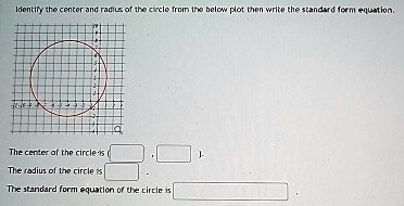 Identify the center and radius of the circle from the below plot then write the standard form equation.
The center of the circle is (
The radius of the circle is
The standard form equation of the circle is