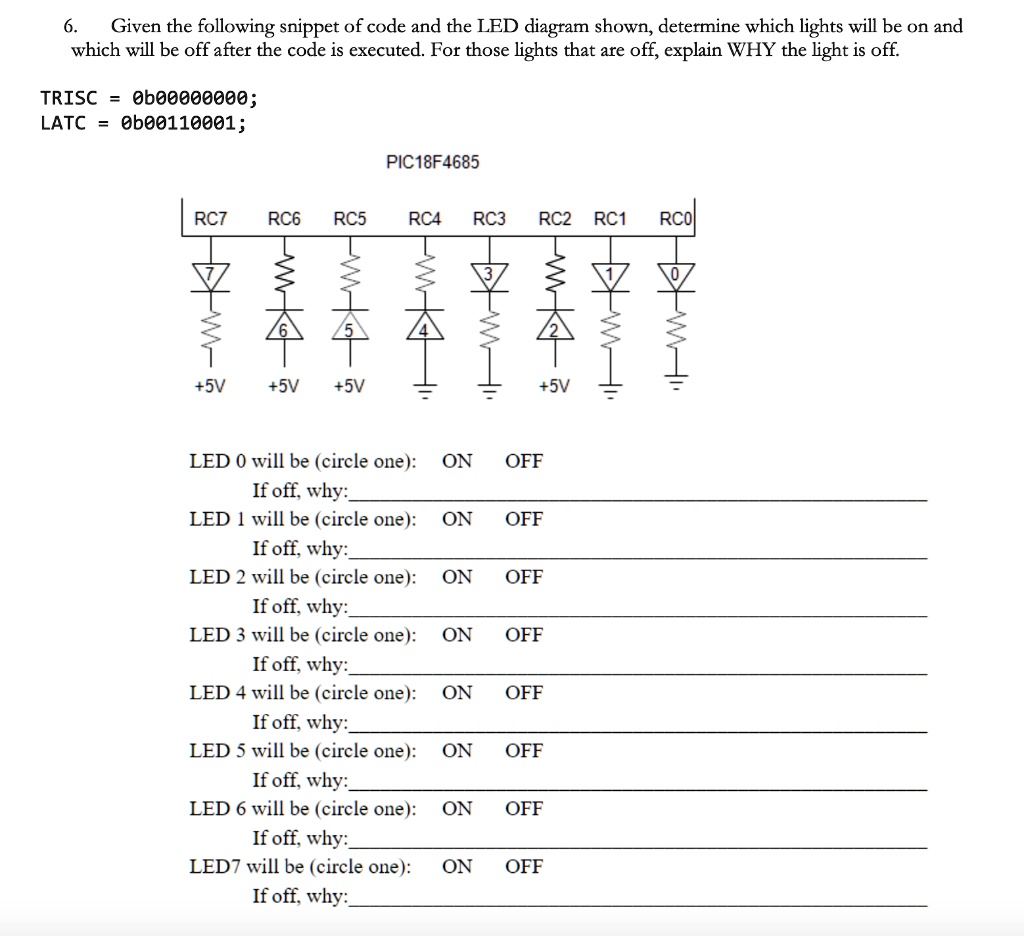 6. Given the following snippet of code and the LED diagram shown ...