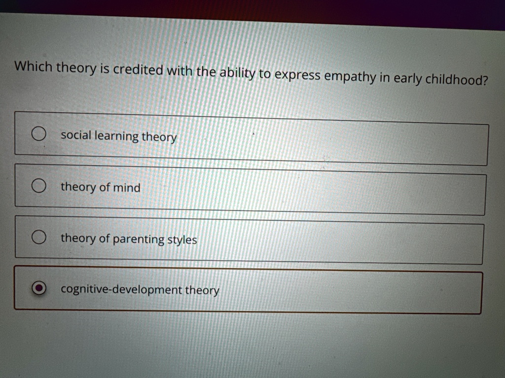Which theory is credited with the ability to express empathy in early childhood?
social learning theory
theory of mind
theory of parenting styles
cognitive-development theory