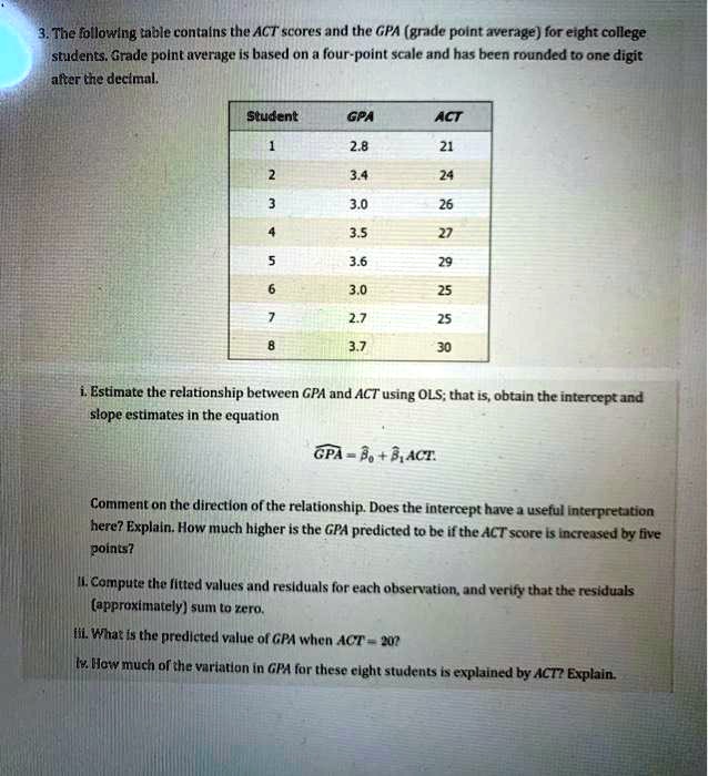 3. The following table contains the ACT scores and the GPA (grade point average) for eight college students. Grade point average is based on a four-point scale and has been rounded to one digit after the decimal.

Student GPA ACT
1 2.8 21
2 3.4 24
3 3.0 26
4 3.5 27
5 3.6 29
6 3.0 25
7 2.7 25
8 3.7 30

i. Estimate the relationship between GPA and ACT using OLS; that is, obtain the intercept and slope estimates in the equation
GPA = ???? + ???? ACT.

Comment on the direction of the relationship. Does the intercept have a useful interpretation here? Explain. How much higher is the GPA predicted to be if the ACT score is increased by five points?

ii. Compute the fitted values and residuals for each observation, and verify that the residuals (approximately) sum to zero.

iii. What is the predicted value of GPA when ACT = 20?

iv. How much of the variation in GPA for these eight students is explained by ACT? Explain.