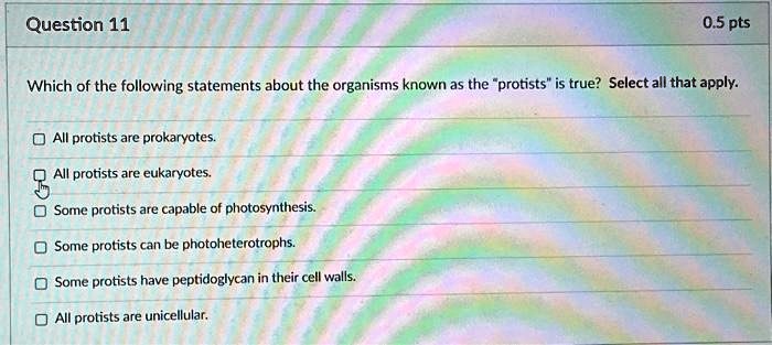 Which of the following statements about the organisms known as the "protists" is true? Select all that apply.

All protists are prokaryotes.
All protists are eukaryotes.
Some protists are capable of photosynthesis.
Some protists can be photoheterotrophs.
Some protists have peptidoglycan in their cell walls.
All protists are unicellular.
