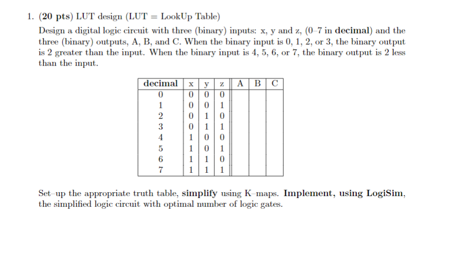 SOLVED: 1. (20 pts) LUT design (LUT = LookUp Table) Design a digital ...