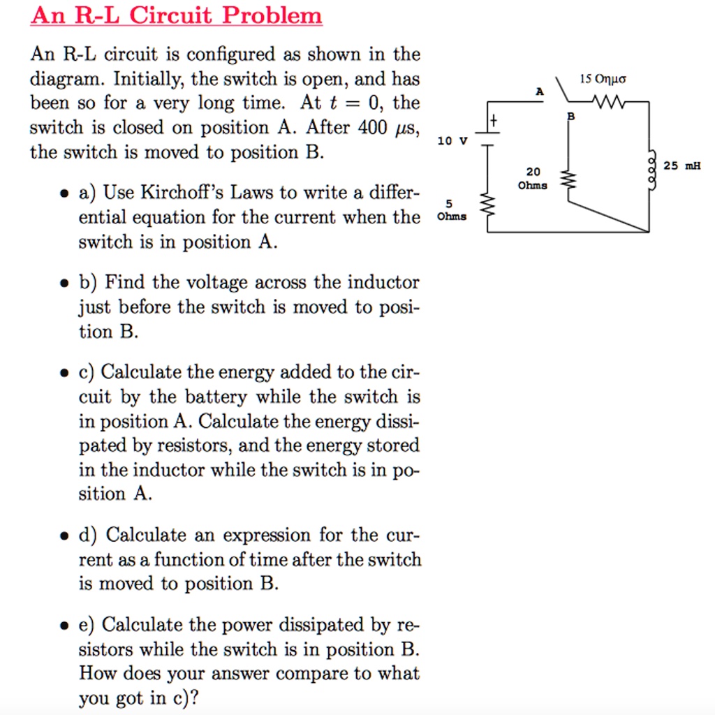 SOLVED An RL Circuit Problem An RL circuit is configured as shown in