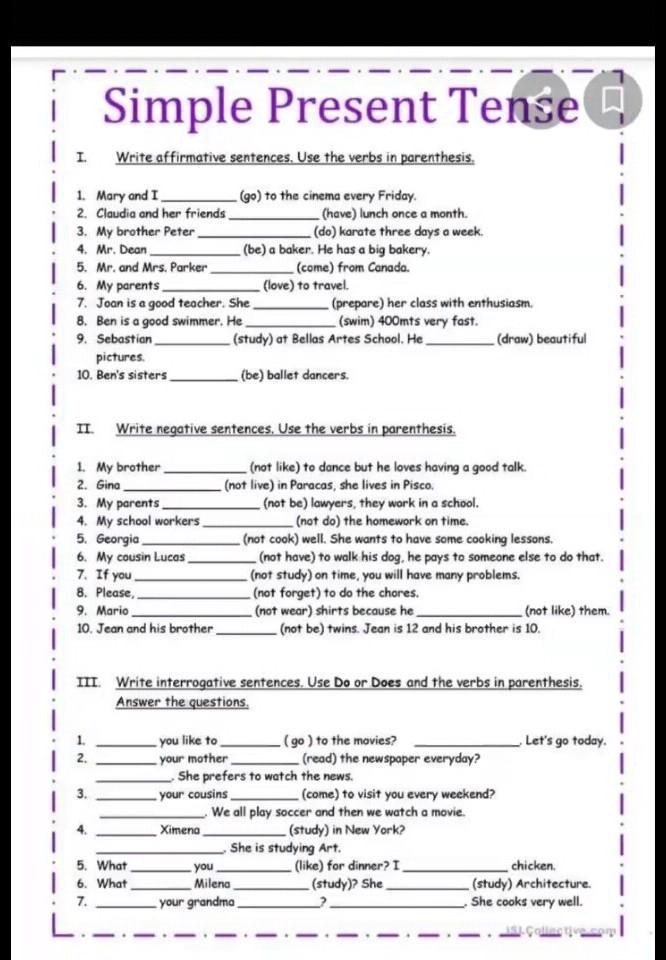 SOLVED: Simple Present Tense Write affirmative sentences. Use the verbs ...