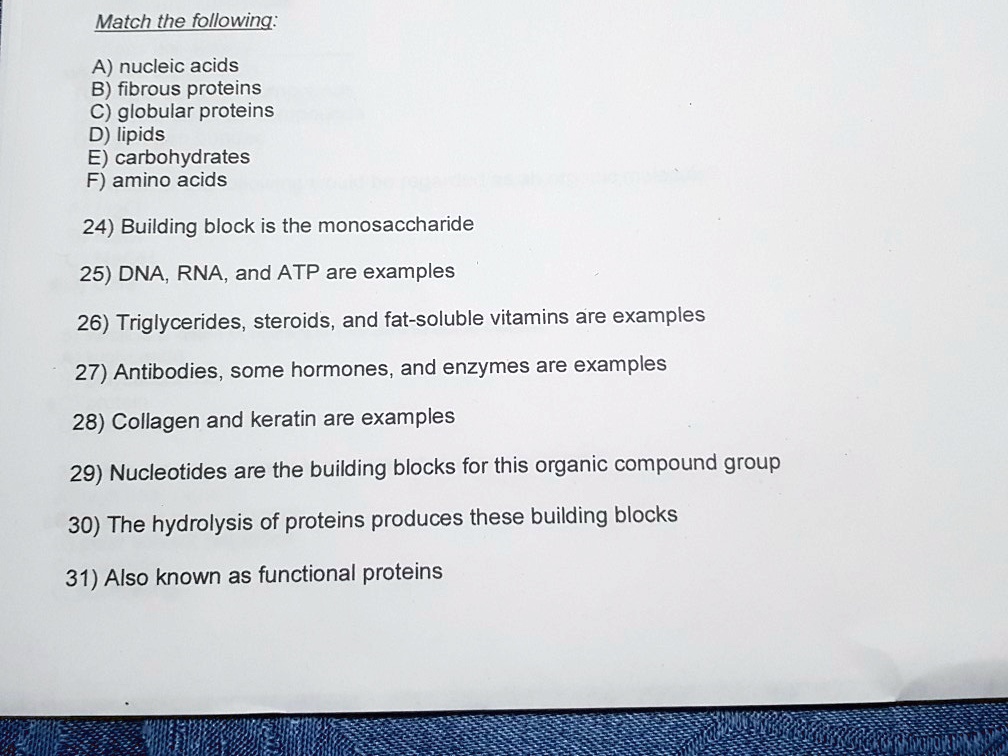SOLVEDMatch the following A) nucleic acids B) fibrous proteins