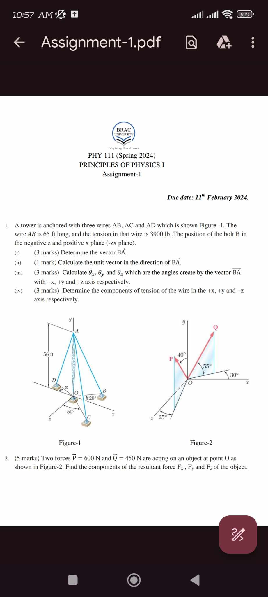 Solved 10 57 Am P 5 ↑ 111 Assignment 1 Pdf Phy 111 Spring 2024 Principles Of Physics I