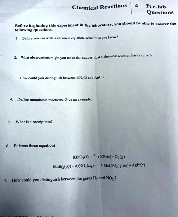 SOLVED Text Chemical Reactions Prelab Questions Before beginning