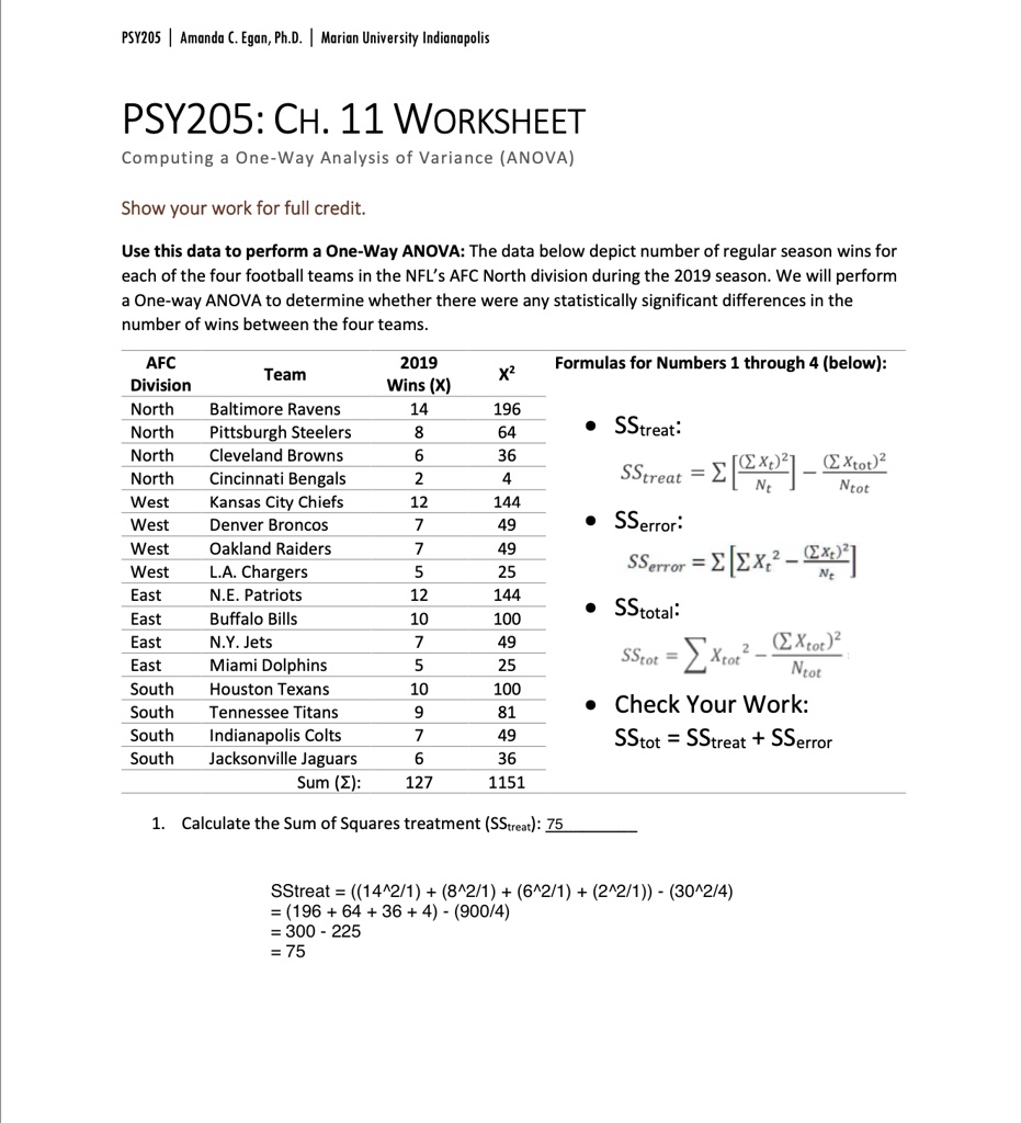 psy205 ch 11 worksheet computing a one way analysis of variance anova ...