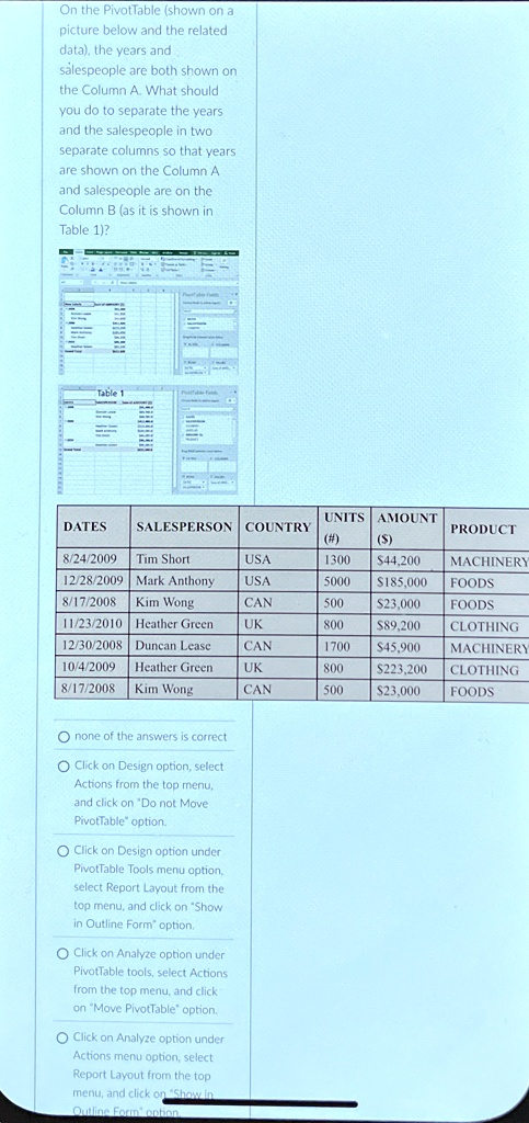on the pivottable shown on a picture below and the related data the years and salespeople are both shown on the column a what should you do to separate the years and the salespeople in two s 43756