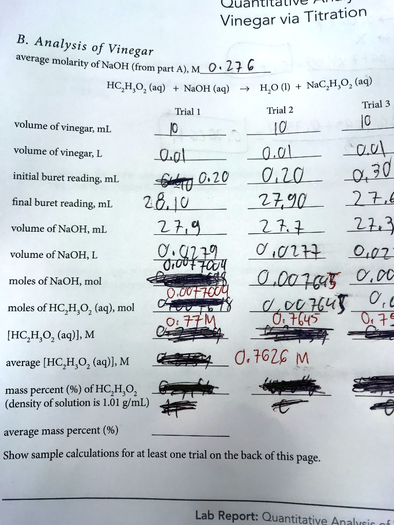 SOLVED Analysis of Vinegar Average Molarity of NaOH (from Part A