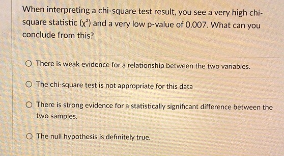 When interpreting a chi-square test result, you see a very high chi-square statistic (χ^2) and a very low p-value of 0.007. What can you conclude from this?

There is weak evidence for a relationship between the two variables.

The chi-square test is not appropriate for this data

There is strong evidence for a statistically significant difference between the two samples.

The null hypothesis is definitely true.