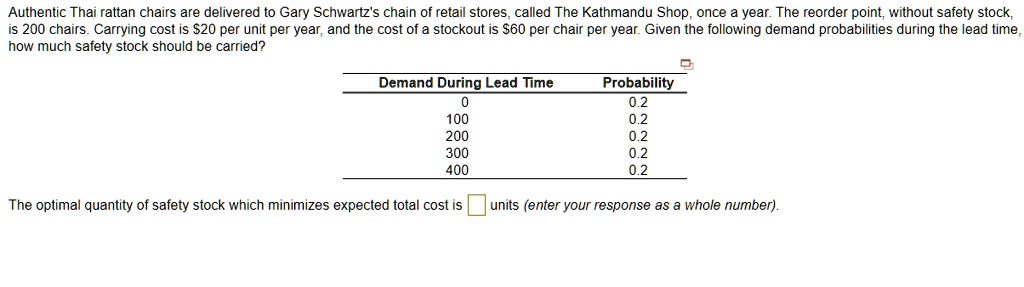 Authentic Thai rattan chairs are delivered to Gary Schwartz's chain of retail stores, called The Kathmandu Shop, once a year. The reorder point, without safety stock, is 200 chairs. Carrying cost is 20 per unit per year, and the cost of a stockout is60 per chair per year. Given the following demand probabilities during the lead time, how much safety stock should be carried?
Demand During Lead Time Probability
0 0.2
100 0.2
200 0.2
300 0.2
400 0.2
The optimal quantity of safety stock which minimizes expected total cost is units (enter your response as a whole number).