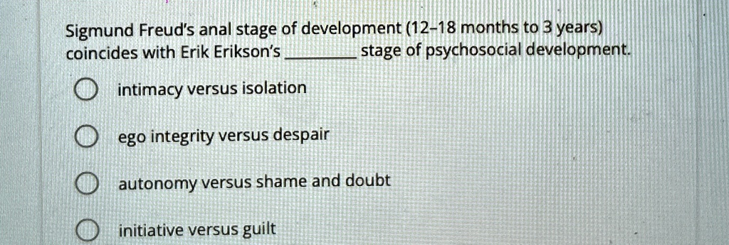Sigmund Freud's anal stage of development (12-18 months to 3 years)
coincides with Erik Erikson's  stage of psychosocial development.
intimacy versus isolation
ego integrity versus despair
autonomy versus shame and doubt
initiative versus guilt
