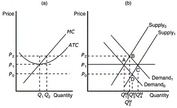 (a)
(b)
Price
Price
MC
Supply0
Supply1
ATC
P2
B
P1
A
C
P0
D
Demand1
Demand0
Q1 Q2 Quantity
Q1^M Q2^M Q3^M Q4^M Quantity
