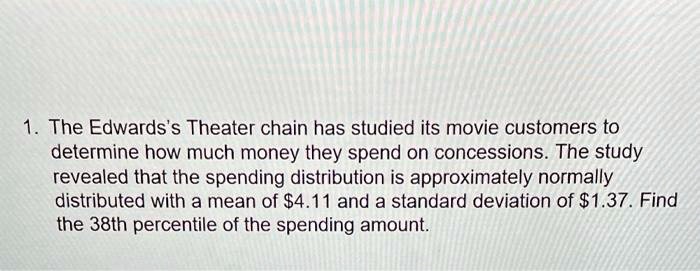 1. The Edwards's Theater chain has studied its movie customers to determine how much money they spend on concessions. The study revealed that the spending distribution is approximately normally distributed with a mean of 4.11 and a standard deviation of1.37. Find the 38th percentile of the spending amount.